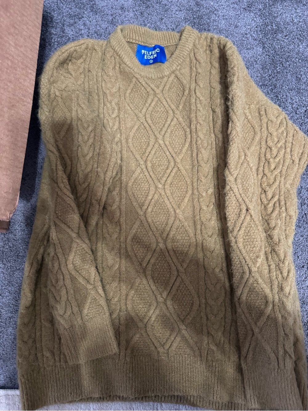 Aelfric Eden Olive-Tan Cable Knit Crewneck Sweater